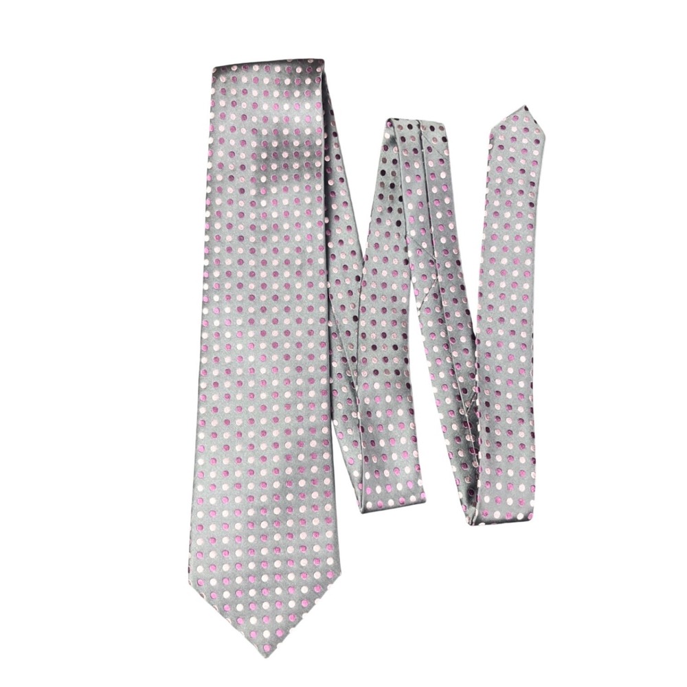 Geoffrey Beene Mens Grey Pink Purple Polka Dot 100% Silk Necktie Standard Width